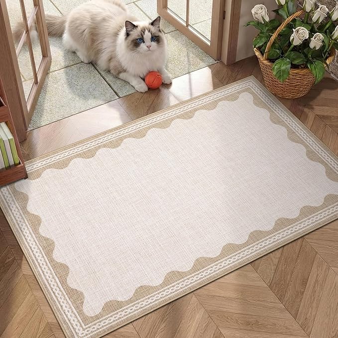 GarveeHome Scalloped Door Mat Indoor Rugs for Entryway Small Rug 2x3 Washable Non-Slip Solid Beige Modern Soft Low-Pile Throw Carpet for Bedroom Kitchen Bathroom Entrance