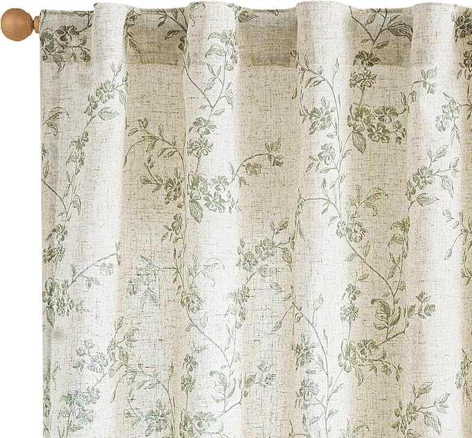 Lazzzy Green Floral Linen Curtains 84 Inch Farmhouse Back Tab Drapes for Living Room Bedroom Light Filtering Vintage Grandmillennial Rod Pocket Curtains, 2 Panels, W38 x L84, Green on Beige