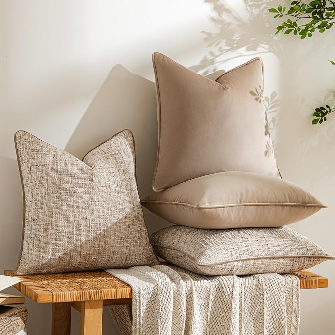 a moment Khaki 4 Pack Throw Pillow Covers - Chenille & Velvet Set with Piping, Farmhouse Textured Design Pillow Cases for Couch Sofa Bed Livingroom (22x22 Inch, No Insert)