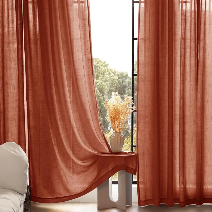 80 inch Linen Terracotta Curtains 2 Panels for Living Room Back Tab Light Filtering Semi Sheer Rust Colored 80 inches Long Soft Thick Cotton Cloth Textured Rustic Boho Farmhouse Room Decor