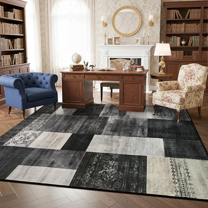 DweIke Washable Area Rugs 8x10 for Living Room, Large Modern Geometric Black White Soft Patchwork Carpet, Non-Slip Stain Resistant Throw Rug for Bedroom Dining Room Office Home Decor