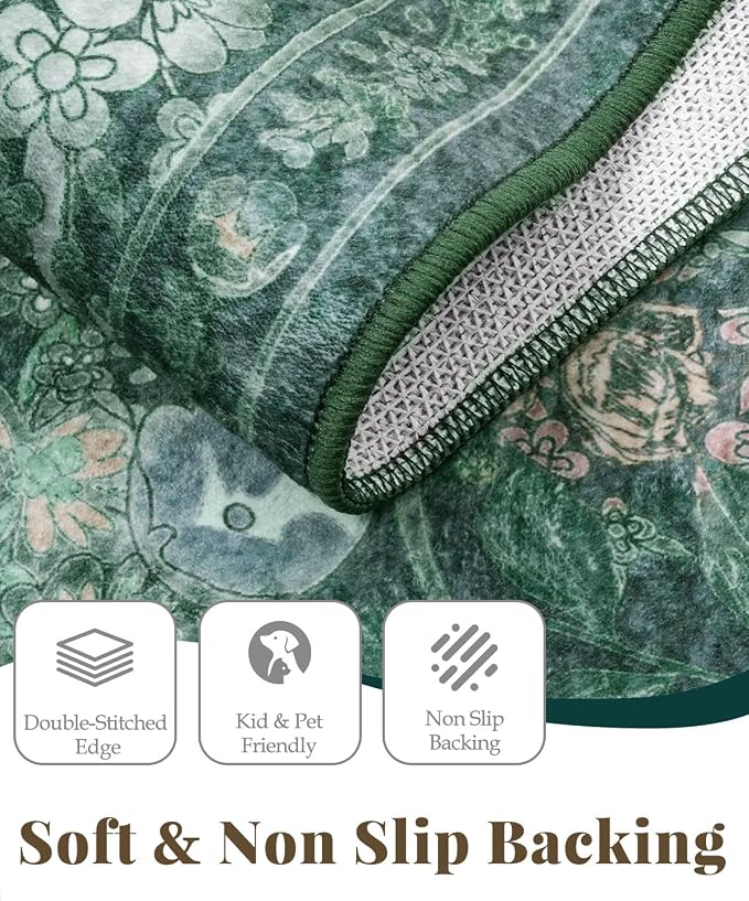 Lunasun Boho Green Long Hallway Runner Rug 2x6 Washable, Farmhouse Floral Botanical Non Skid Kitchen Floor Mat - Vintage Soft Throw Rug for Bathroom, Indoor Entrance, Foyer, Bedroom Bedside, Laundry