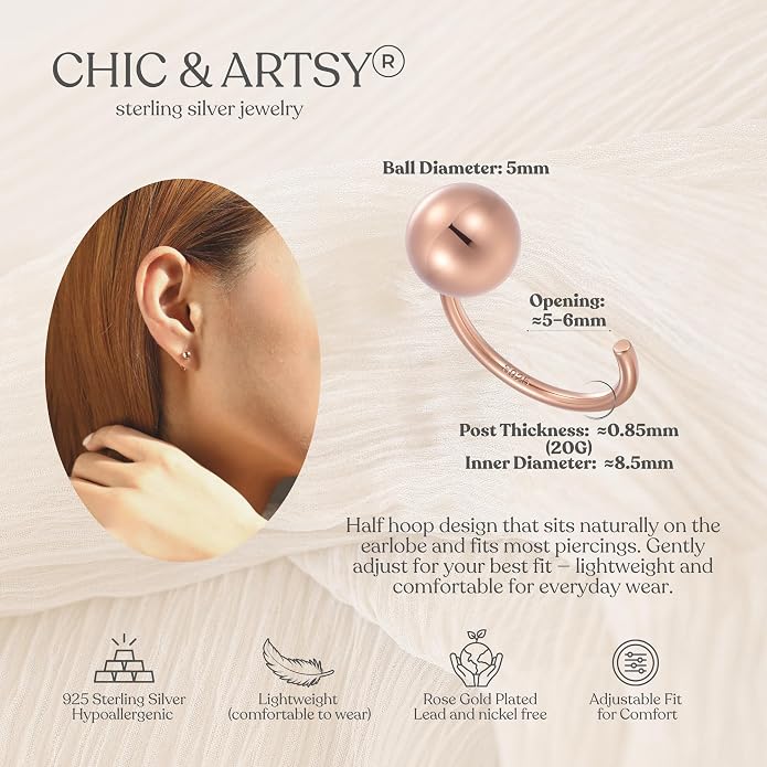 CHIC & ARTSY 925 Sterling Silver Half Hoop Earrings for Women, Small Huggie Hoops Set with Ball Bar Star Moon Cross & Pearl, Lightweight Comfort Fit Everyday & Sleep Earrings
