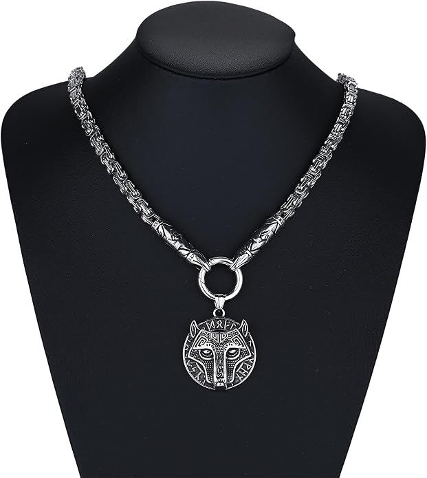 ROWIN&CO Viking Necklace for Men, Stainless Steel Nordic Runes Wolf Head Spearhead & Trinity Knot Pendant with Byzantine Chain Amulet, Norse Mythology Pagan Gothic Biker Jewelry Gift