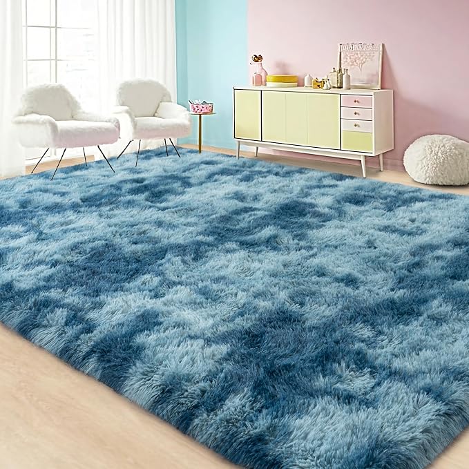 Large Area Rug for Living Room Bedroom 5x7 Tie-Dyed Purple Shag Rug | Ultra Soft Fluffy Shaggy Plush Fuzzy Modern Indoor Throw Floor Carpet for Kids Girls Boys Dorm Nursery Home Decor Aesthetic