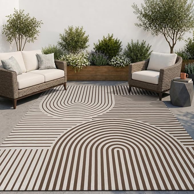 AMOAMI Outdoor Rug Patio Rug 8x10 ft Quick Dry Flatweave Textured Machine Washable Outdoor Carpet with Rubber Particles Backing Boho Outdoor Area Rug for Patio Deck Front Porch Balcony Greyish Brown