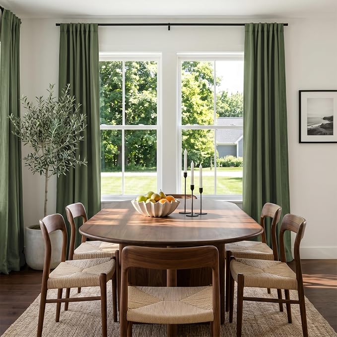INOVADAY 100% Blackout Curtains 96 Inches Length 2 Panels Set, Back Tab/Rod Pocket Linen Black Out Curtains for Bedroom, Thermal Insulated Window Drapes - Olive Green, W50 X L96