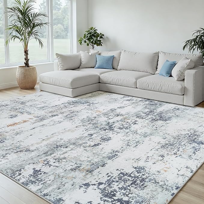 6x9 Area Rugs Living Room Rug Modern Abstract Neutral Washable Rugs Non Slip Soft Carpet Large Area Rug Low Pile Stain Resistant Non Shedding for Bedroom Nursery Dining Room Home Office Blue Grey