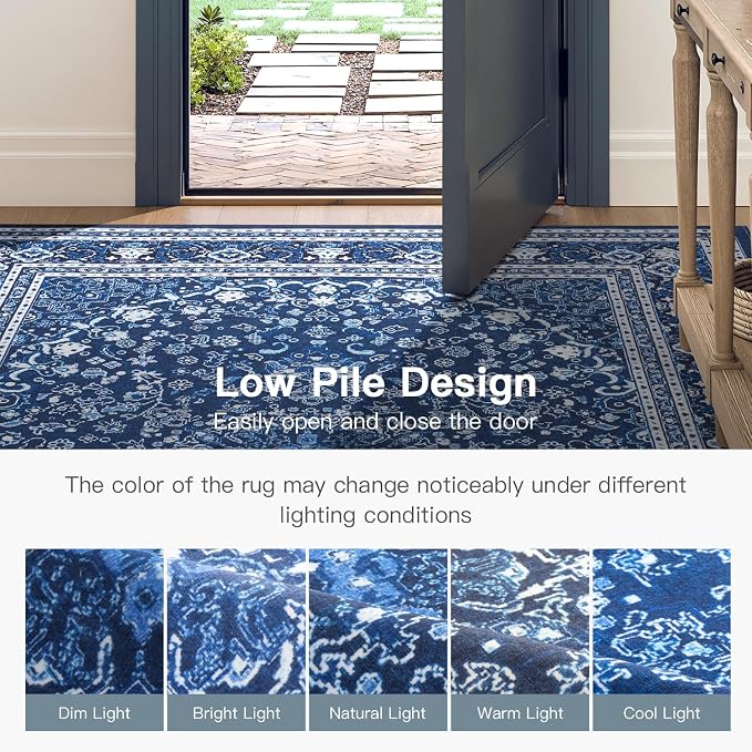 Lofus 9x12 Area Rugs for Living Room, Machine Washable Non-Slip Area Rug, Low Pile Large Rugs for Bedroom, Kitchen, Dining Room, Home Office, Vintage Oriental Print Rug, Dark Blue with White