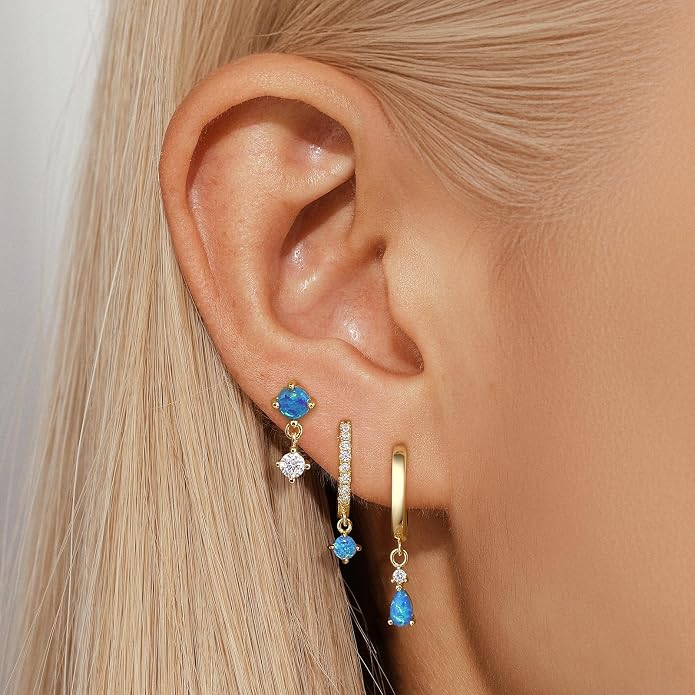 Angelady Opal Earrings Set for Women, Hypoallergenic S925 Sun Stud Earring for Sensitive Ears, Dainty Hoop Huggie Silver Opal Dangle Earring Stacks, Blue Earrings for Women Trendy 2025