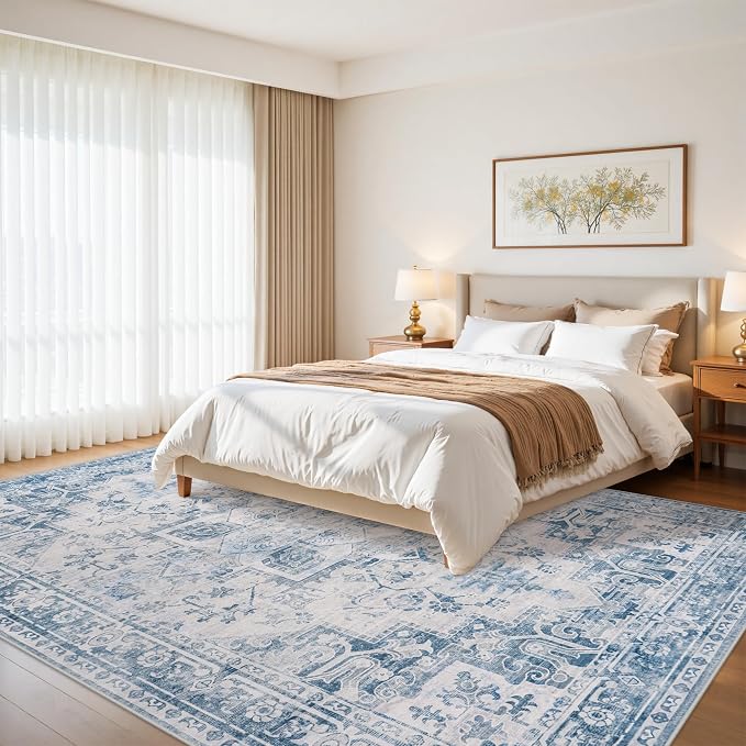8x10 Area Rugs for Living Room:Blue Washable Vintage Medallion Boho Rug Non-Slip No Slip Stain Resistant Soft Low Pile Large Rugs Indoor Retro Carpet for Bedroom Nursery Dining (Blue Grey 8'x10')