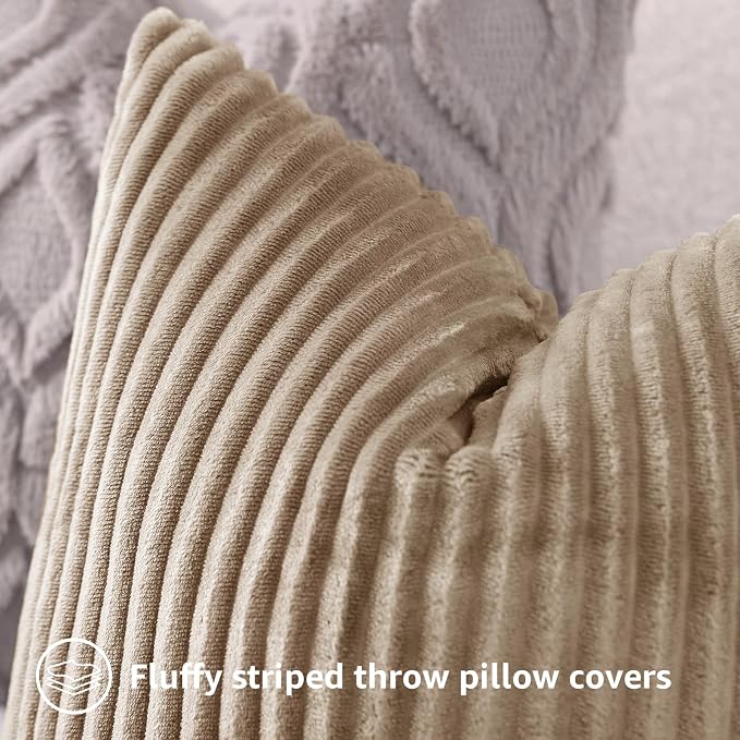 decorUhome Flannel Beige White Throw Pillow Covers 18X18 Set of 4 | Decorative Fall Soft Fluffy Striped Double-Sided Couch Pillow Covers, Modern Farmhouse Pillow Cases for Sofa bed Home Decor