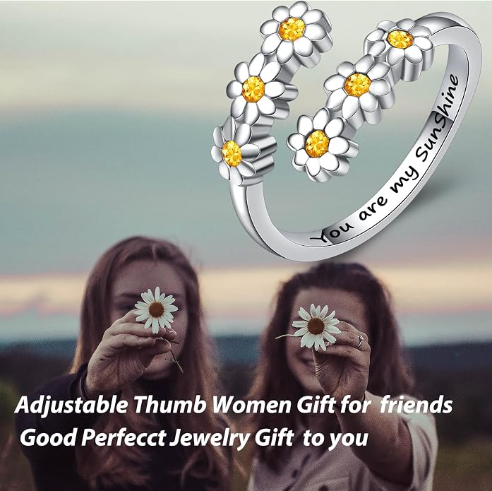 Jinlou 925 Sterling Silver Dainty Daisy Rings Flower Finger Rings For Women Love Promise Band Sunflower Adjustable Thumb Rings For Women