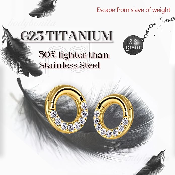 BodyBonita G23 Titanium 0G 2G 4G 6G 8G 10G 12G 14G CZ Septum Rings PA Nose Hoops Clicker Ear Weights for Stretched Ear Piercing Jewelry 10mm 12mm Silver/Gold/Black