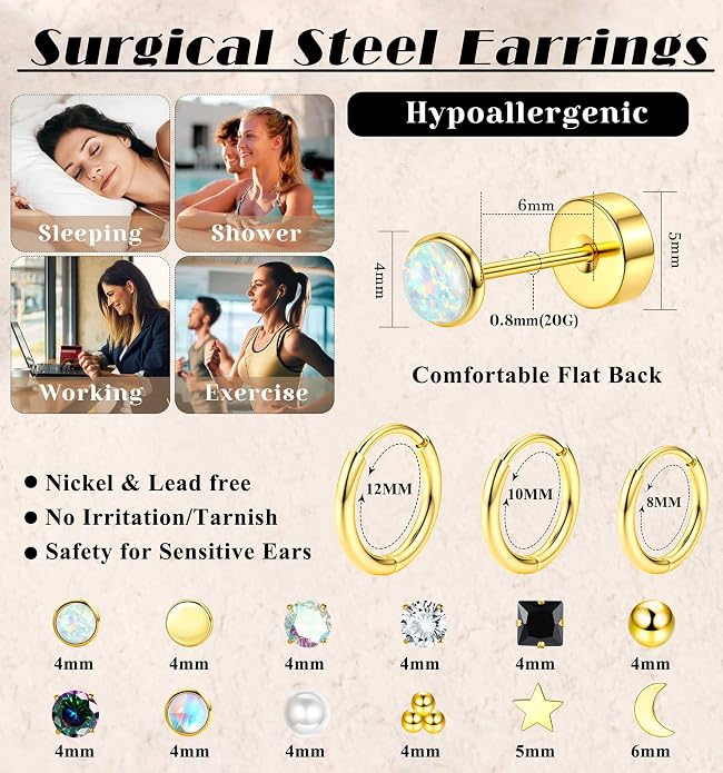Jstyle Hypoallergenic Flat Back Stud Earrings for Women Men Surgical Stainless Steel Earrings for Sensitive Ears Small Stud Hoop Silver Gold Black Earrings Cartilage Earring Set for Multiple Piercing