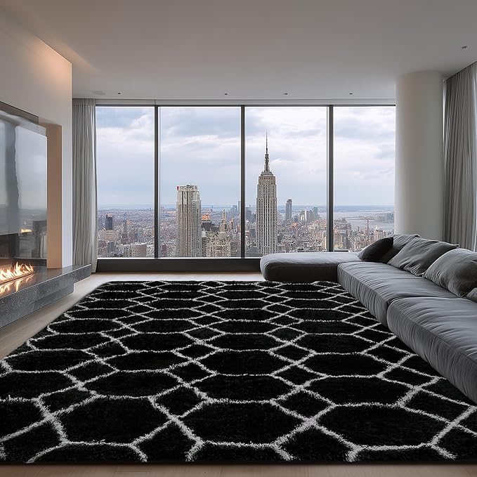 Fluffy Rug for Living Room, Soft Modern 8x10 Black and White Shag Area Rugs | Non Slip Black Carpet for Bedroom, Home Decor Aesthetic, Washable Large Fuzzy Plush Floor Mat for Nursery Teen Dorm