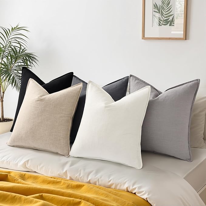 decorUhome Fall Black Linen Throw Pillow Covers 22x22 Set of 2 | Decorative Soft Cozy Modern Farmhouse Boho Accent Pillow Cases with Flange Edges for Couch Bed Sofa Living Room Home Decor