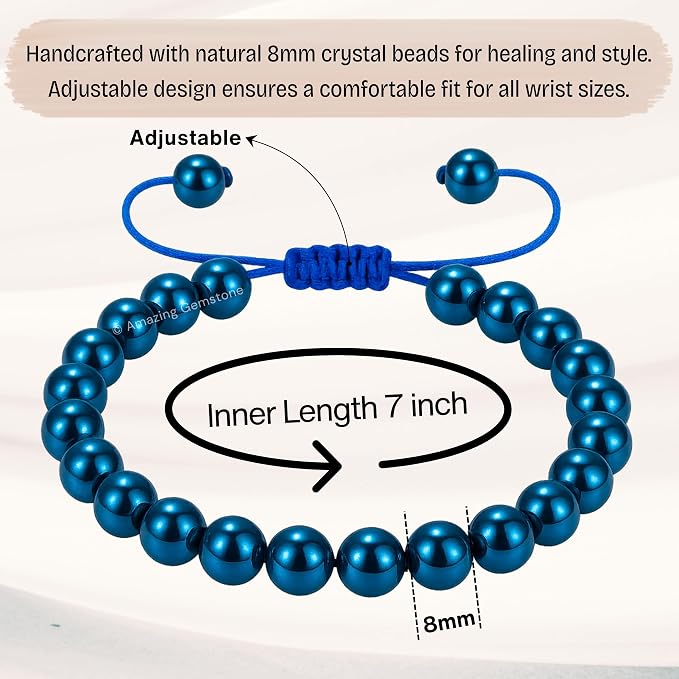 Amazing Gemstone Blue Hematite Bracelet for Women Men's Gifts - Protection Healing Crystal Bracelet - 8mm Gemstone Beaded Adjustable Bracelet Pulseras para Hombres Mujer Stocking Stuffers