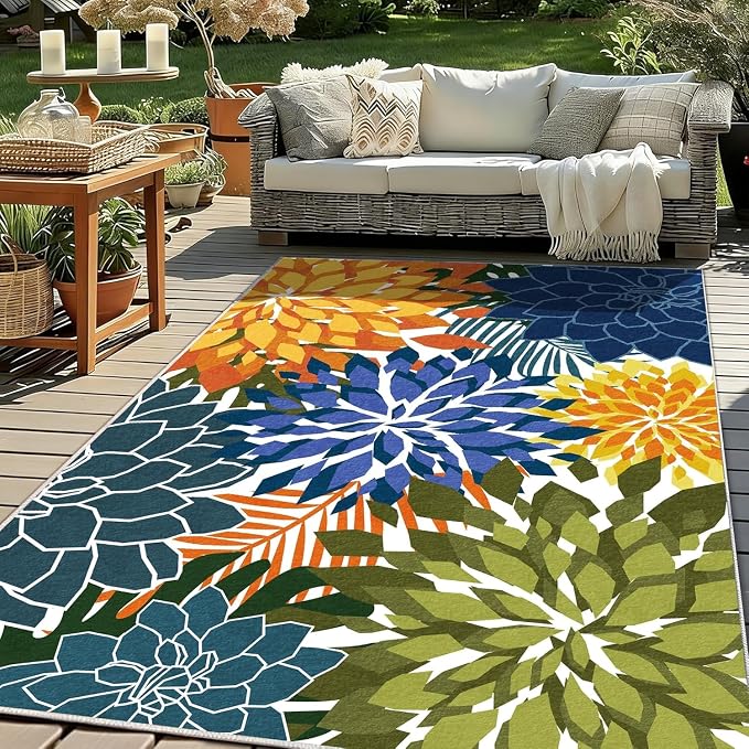 ZonLi Colorful Outdoor Rug 9x12Ft Waterproof Multicolored Indoor Area Rug Washable Outdoor Patio Rugs Tropical Floral Non Slip Outdoor Carpet for Living Room, Pool,Backyard,Deck,Camping