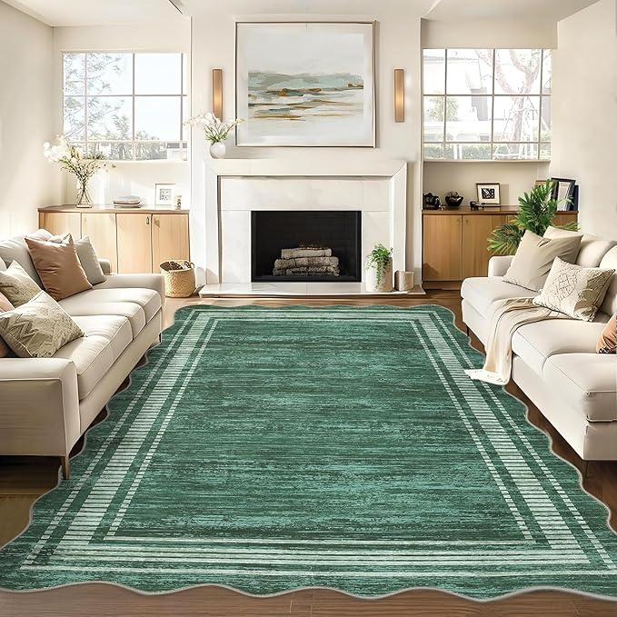 Garvee Scalloped Large Modern Christmas Area Rug 10x13 Washable Rug for Living Room, Non-Slip Soft Carpet for Bedroom, Scalloped Low-Pile Christmas Print Accent Rug for Dining Room Home Office, Green | Rugs for Living Room, Non-Slip Soft Carpet for Bed...