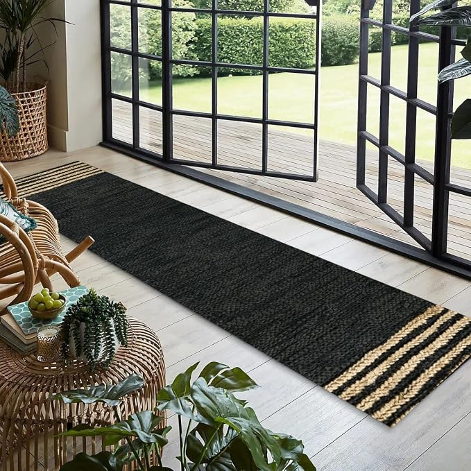 GRUHUM Jute Runner Rug 2'6"x 6' ft Natural Fiber Leather Black Jute Area Rug Handwoven Boho Farmhouse Braided Rustic Vintage Ecofriendly Indoor Rugs for Kitchen Living Room Bedroom Hallways Entryways