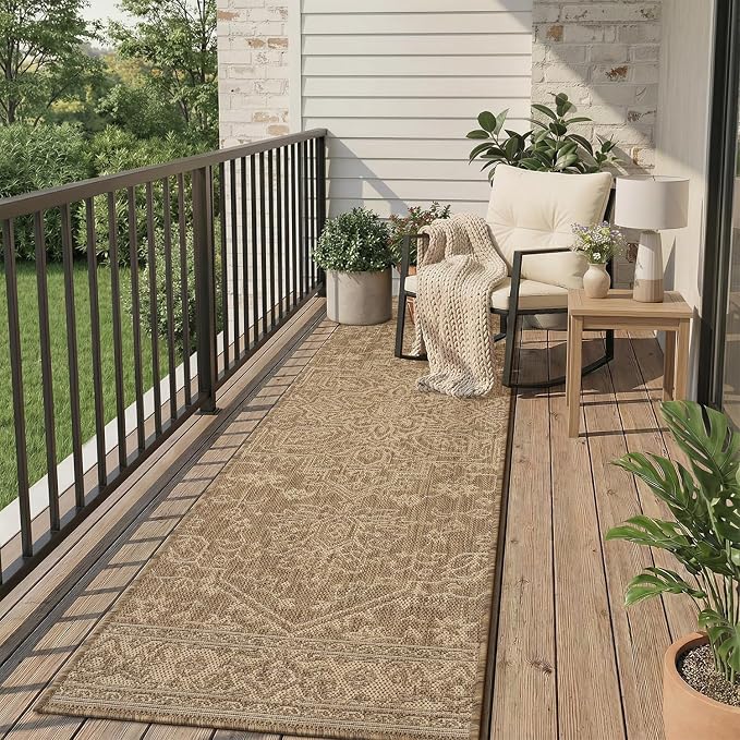MontVoo-2x6 ft Indoor Outdoor Runner Rugs for Entryway Porch Hallway Kitchen Door Entrance Long, Textured Weave Polypropylene, Durable for High Traffic, Fade-Resistant, Vintage Medallion Neutral Brown
