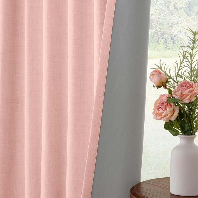 INOVADAY 100% Blackout Curtains for Bedroom, Blush Pink Black Out Curtains 84 Inch Long, Clip Rings Linen Blackout Drapes, Thermal Insulated Room Darkening for Living Room, 2 Panels - W50xL84