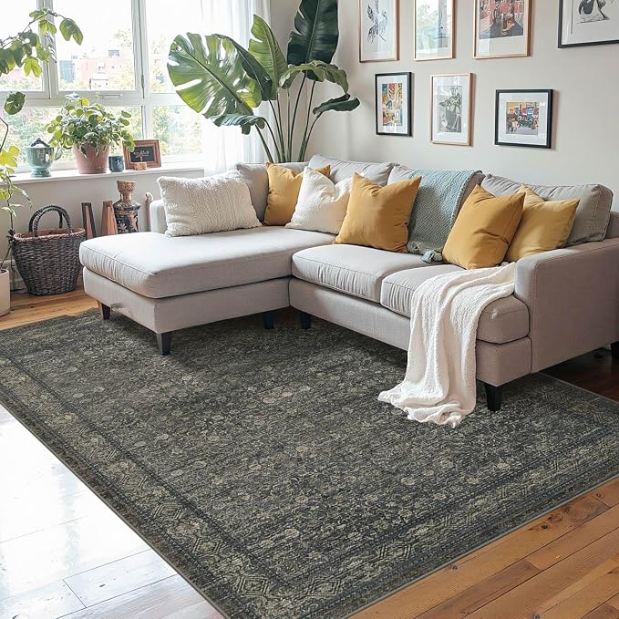 Rugxara Washable Area Rug for Living Room, Vintage Boho Rugs for Office, Dining Room, Kids Room, Farmhouse, Durable Low Pile Non Slip Carpet for High Traffic Areas, Moss Brown(4x6 ft)