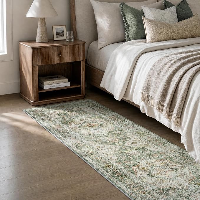 AMOAMI-2X10 Runner Rug-Washable Runners for Hallways-Soft Non Slip Bedside Rugs for Bedroom-Vintage Long Rug for Hallways Entryway Laundry Room Stair Kitchen Bathroom Green