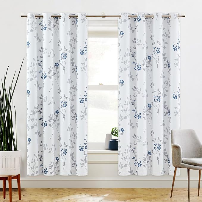 Beauoop Floral 100% Blackout Curtains for Bedroom Blue Grey 52X72 2 Panels | Flower Patterned Blue White Room Darkening Drapes for Living Room Thermal Insulated Soundproof Window treatment Grommet