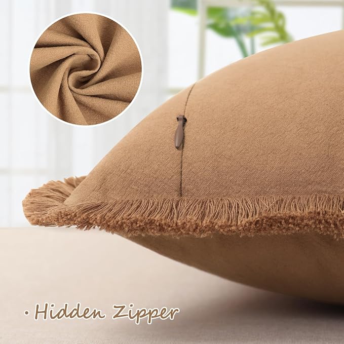 ZWJD Pillow Covers 18x18 Set of 2 Camel Throw Pillow Covers with Fringe Chic Cotton Decorative Pillows Square Cushion Covers for Sofa Couch Bed Living Room Farmhouse Boho Decor