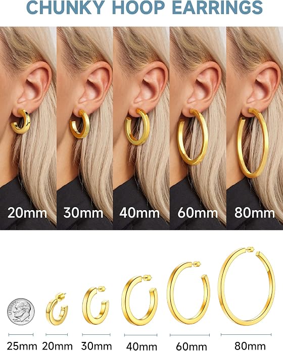 Stainless Steel Chunky Hoop Earrings For Women, Minimalist and Chic, Black/Gold Plated, Round Hoops Earrings Hypoallergenic, Size: 30mm/40mm/60mm/80mm, Come with Box