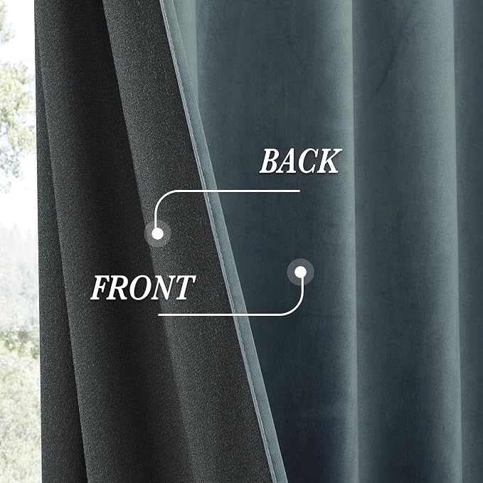 RYB HOME Dusty Blue Velvet Curtains for Bedroom Living Room, Thermal Insulated Privacy UV Heat Blocking Luxurious Soft Rod Pocket Back Tab Drapes for Nursery, 52" W x 108" L, 2 Panels