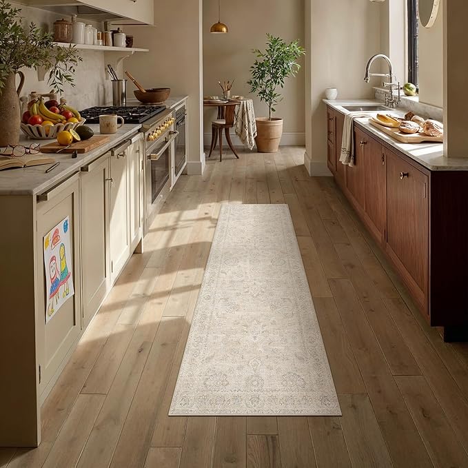 2x6 Cream Washable Runner Rug for Kitchen Hallway Neutral Floral Soft Non Slip Rug Low Pile Distressed Carpet for Bathroom Bedroom Indoor Nursery