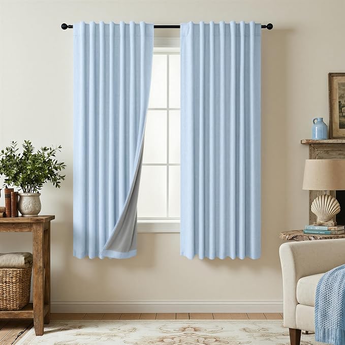 Pitalk Light Blue Curtains for Bedroom 63 Inch Length 2 Panels Linen Blackout Room Darkening Cold Heat Light Blocking Sky Baby Blue Curtains for Kids Room Girls Boys Nursery Breakfast Nook 52x63 Long