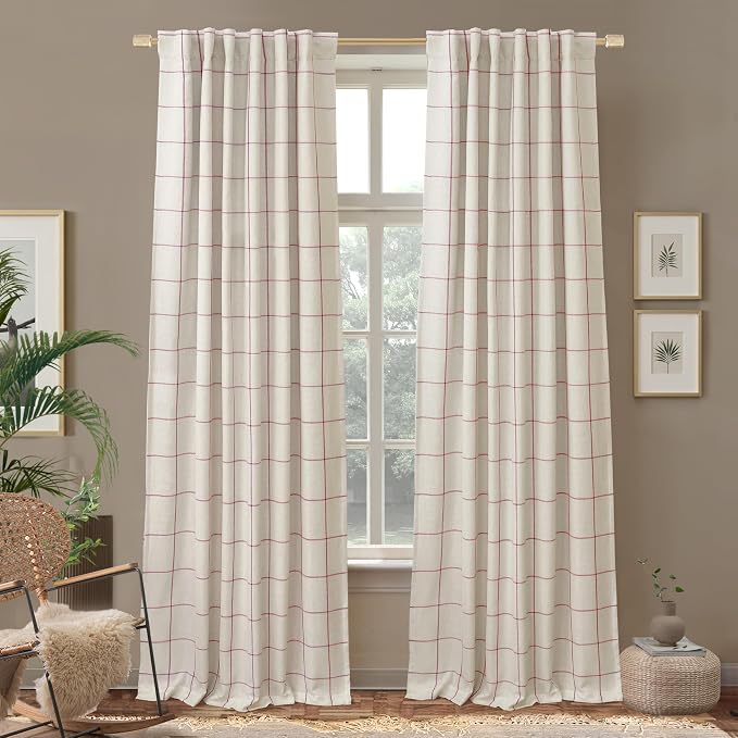 DriftAway 100% Blackout Plaid Linen Curtains 96 Inches Long 2 Panels Red | 100% Blackout, Linen Texture, Plaid Pattern, Two Layers, Rod Pocket & Back Tab, Bedroom Living Room Use, Luxury Appearance