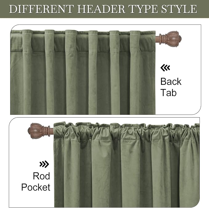 RYB HOME Sage Velvet Curtains 102 inches, Back Tab Soft Fabric Room Darkening Thermal Insulated Luxurious Home Decor Curtains for Living Room Bedroom, W 52" x L 102", 2 Panels Set