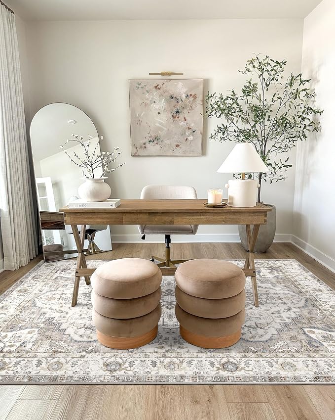 LUXRUG Washable Area Rug 8x10 - Large Cream Boho Rugs for Living Room Soft Vintage Bedroom Rug Ultra-Thin Farmhouse Oriental Distressed Carpet Non Slip Rug for Dining Room Guest Room Home Decor