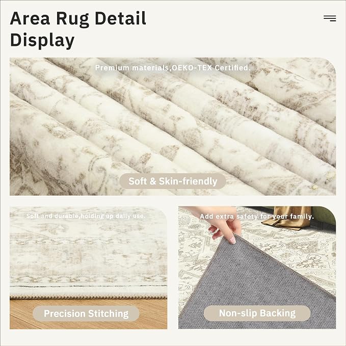 Soalmost 4x6 Area Rugs for Living Room, Vintage Washable Rugs for Dining Room, Bedroom, Home Office Decor, Non-Slip Beige/Brown Carpet Thin Rug