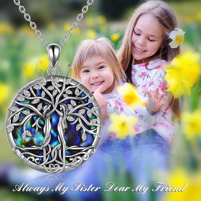 ONEFINITY Tree of Life Necklace for Women Sterling Silver Abalone Shell Crystal Tree of Life Pendant Necklace Family Tree Jewelry for Mom Daughter Sister Girls Christmas Gifts