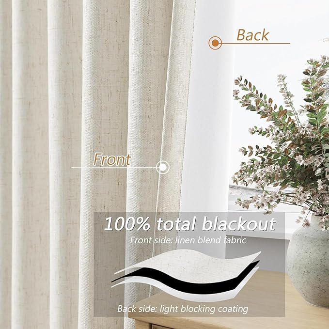Extra Long 100% Blackout Linen Curtains for Bedroom 102 Inches Long Natural Cream Black Out Curtain Back Tab Thermal Insulated Room Darkening Window Drapes for Living Room 2 Panels Beige Ivory 42x102