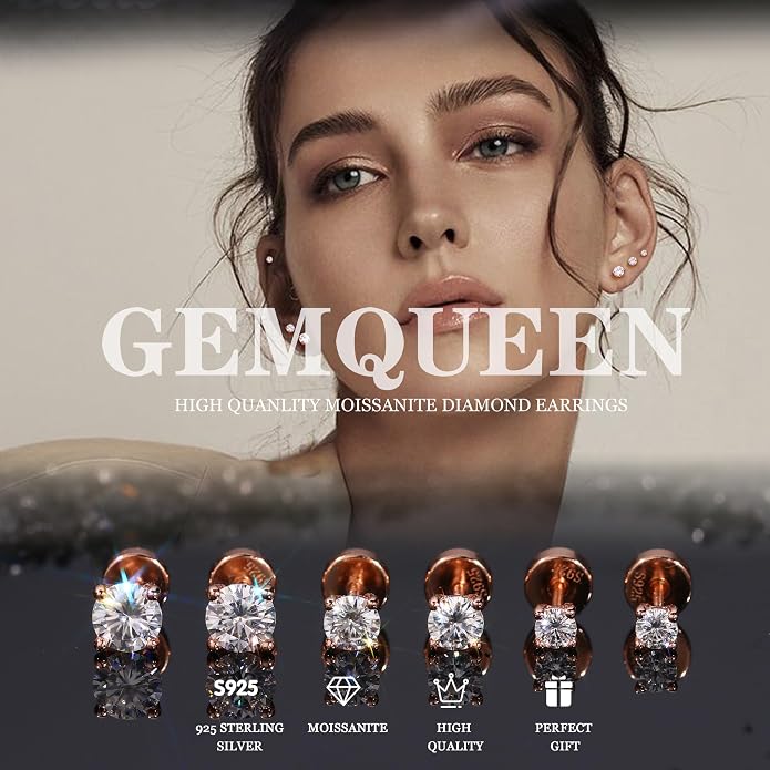 GEMQUEEN 3/4 Pairs Moissanite Earrings Studs 14K Gold Plated S925 Sterling Silver Flat Back Earring for Women Men - Hypoallergenic Set Cartilage Helix Piercing Jewelry Trendy D Color VVS1