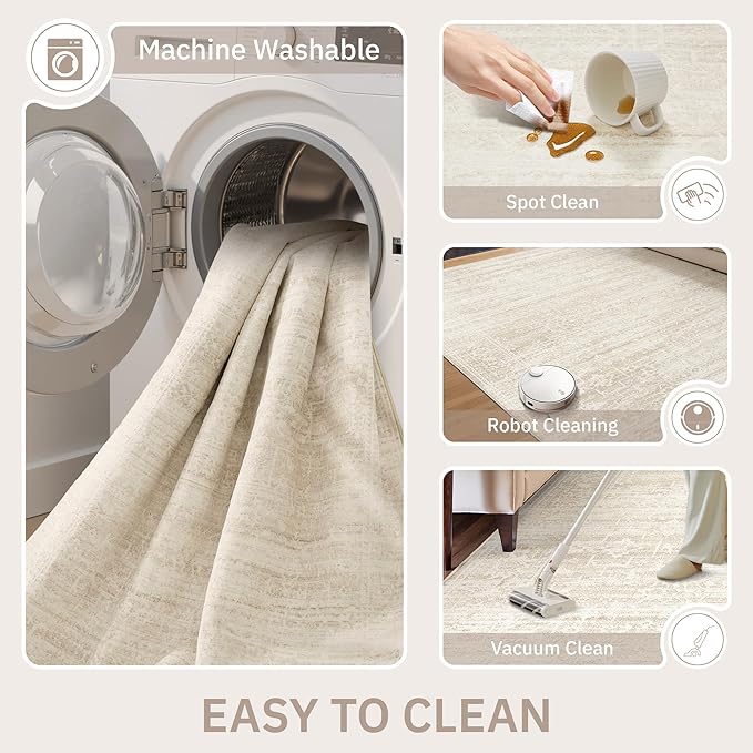 Soalmost 6x9 Area Rugs for Living Room, Washable Soft Rug Beige/Cream | Non-Slip Low Pile Natural Vintage Floral Rug Throw Carpet for Dining Room Bedroom Home Office Nursery 6'x9'