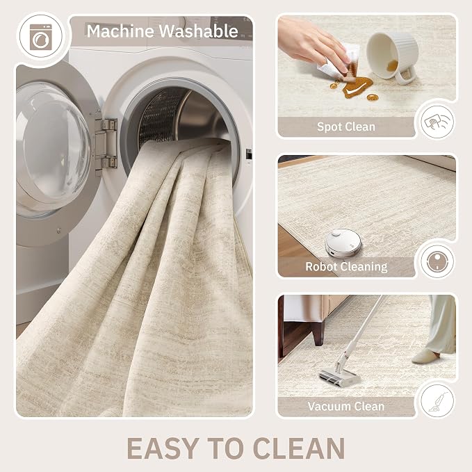Soalmost 8x10 Area Rugs for Living Room, Washable Soft Rug Beige/Cream | Non-Slip Low Pile Natural Vintage Floral Rug Throw Carpet for Dining Room Bedroom Home Office Nursery 8'x10'