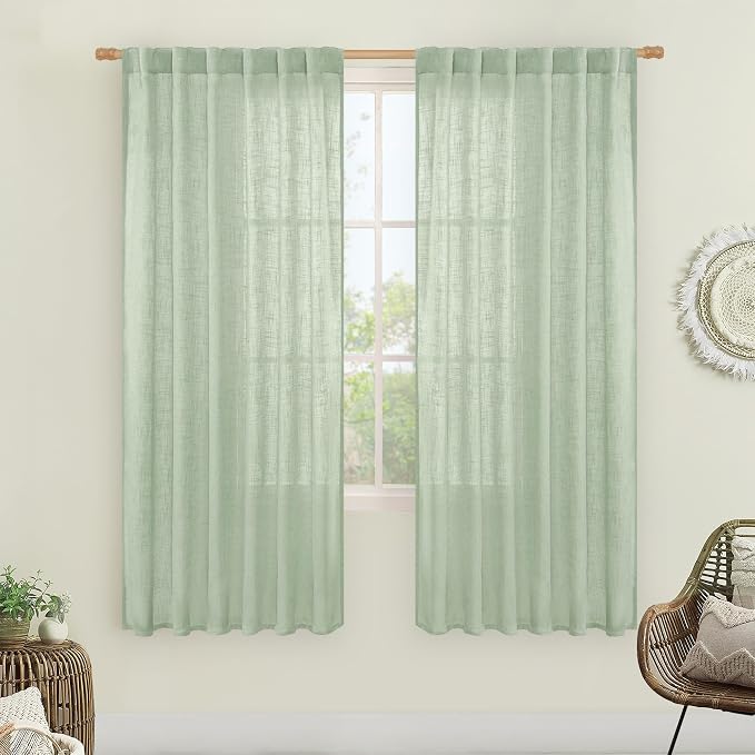LAMIT Fresh Green Linen Boho Curtains 68 inch Length 2 Panels, Light Filtering Semi Sheer Panels Back Tab and Rod Pocket Neutral Drapes for Bedroom/Living Room, 52 x 68 Inch