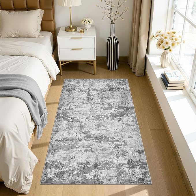 Neutral Washable Area Rug 3x5, Abstract Small Rugs for Entryway | Neutral Modern Non Slip Carpet, Stain Resistant and Joint-Friendly, Made for Bedroom, Kitchen, Indoor Front Door - Dark Gray