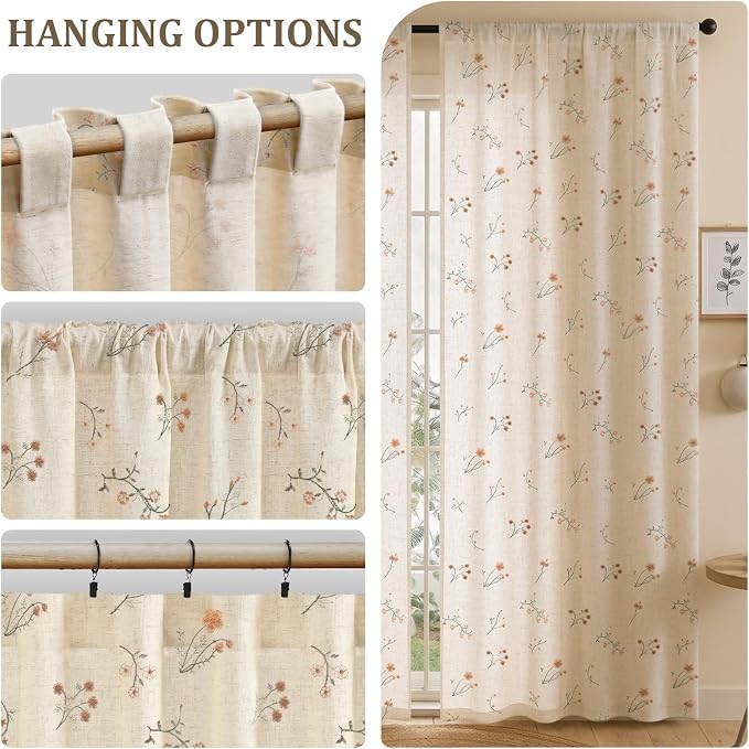 Floral Embroidered Linen Blend Curtains for Bedroom, 96 Inch Light Filtering Spring Farmhouse Vintage Drapes Beige Flower Window Treatments for Living Room Rod Pocket, Set of 2 Panels