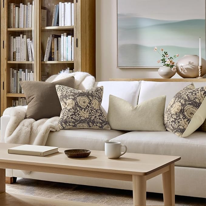 Vintage Floral Print Throw Pillow Covers 16x16 Set of 2 Neutral Modern Farmhouse Accent Decorative Cushion Covers Boho Home Decor for Couch Sofa Chair Bed Living Room, Rustic Gray