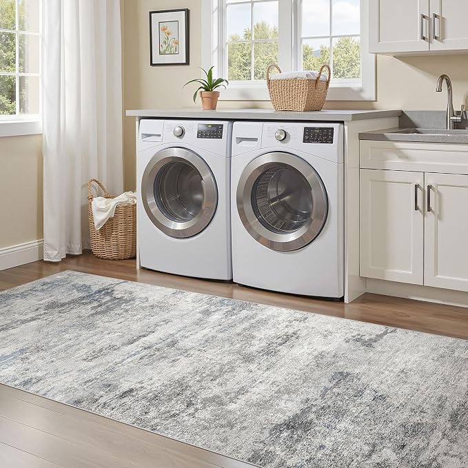DMOYEST 3x12 Washable Runner Rug, Non Slip Low Pile Carpet Runner for Hallway and Entryway, Kid & Pet Friendly Abstract Modern Area Rug for Kitchen and Dining Room - Grey Blue