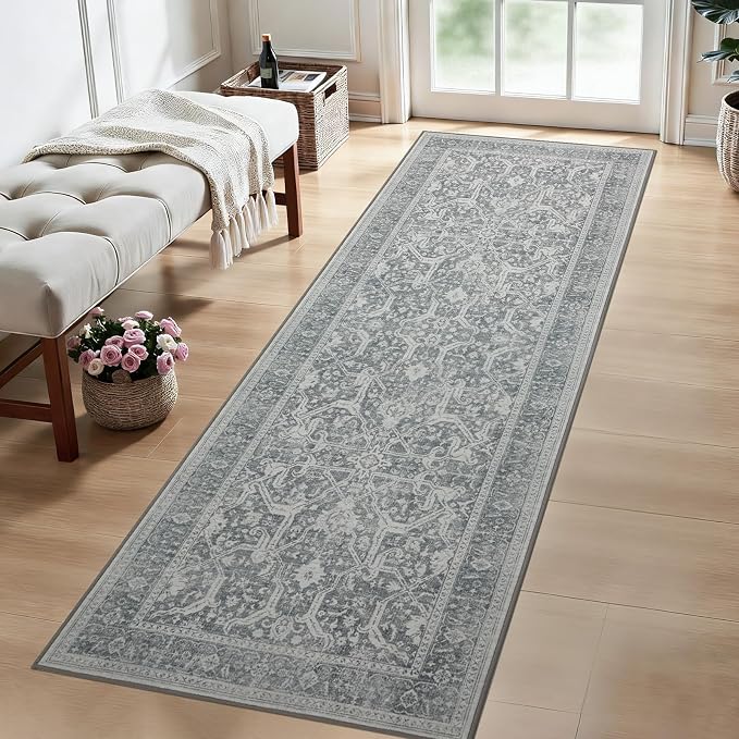 Joydeco Washable 2x6 Hallway Runner Vintage, Light Gray&Dark Gray&White | Water Resistant Low Pile Non Slip Backing for Kitchen Entryway Bedroom Bathroom Dining Room